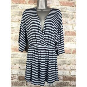 Urban Outfitters Ribbed Knit Surplice Romper Light Blue Striped Summer Beach M